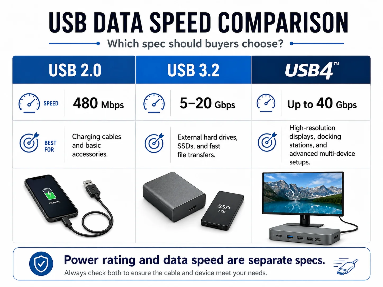 Data speed comparison table for USB versions A table graphic comparing the speeds of USB 2.0, USB 3.2, and USB4