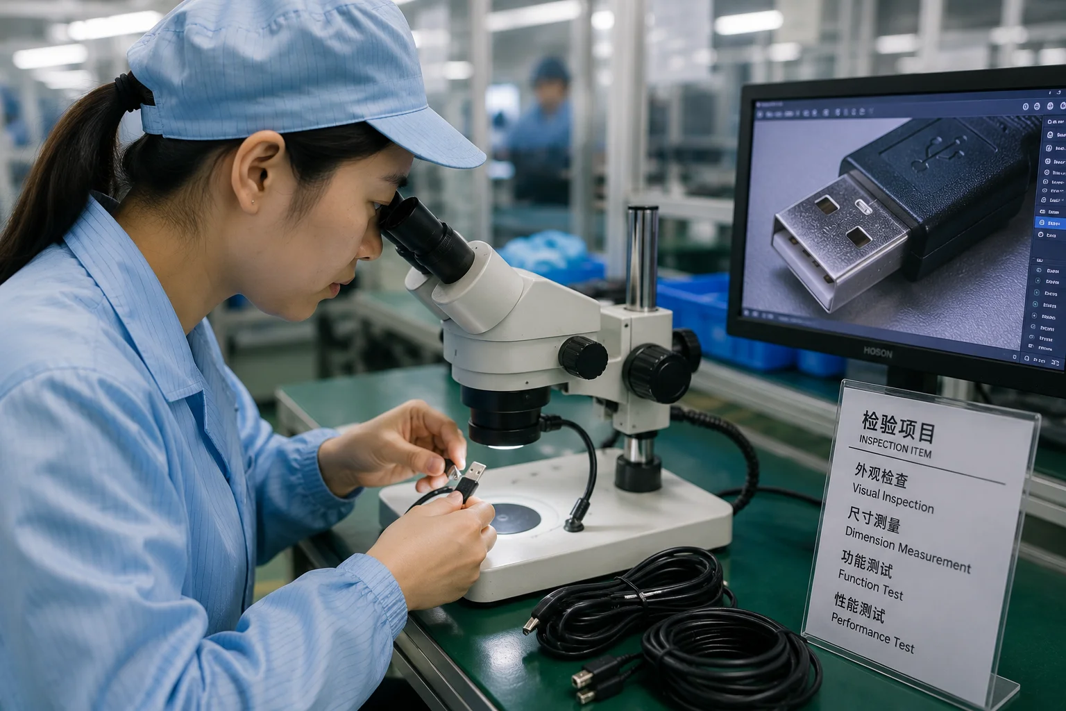 Quality Control Inspection A quality control inspector examining a USB cable with a microscope