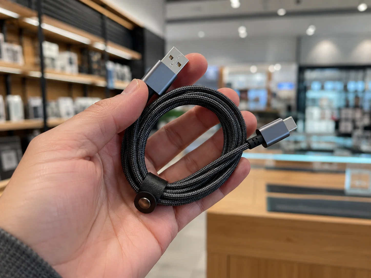 customer holding a braided usb cable