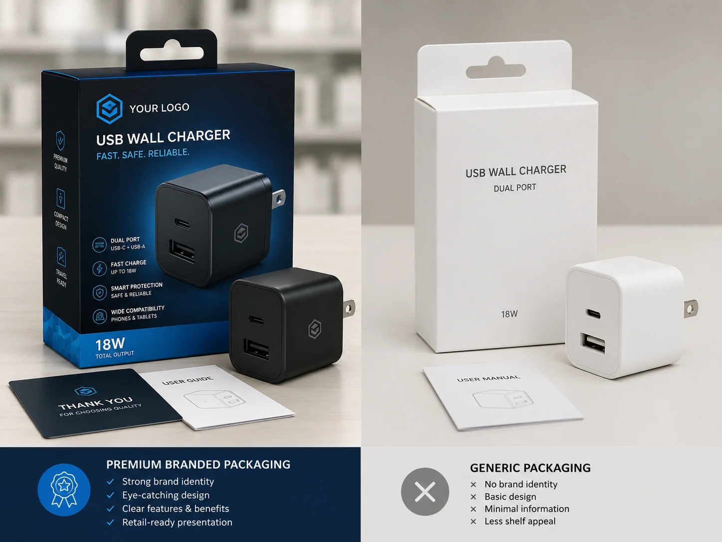 Charger Packaging and Branding Options A branded retail box for a USB charger next to a generic one.