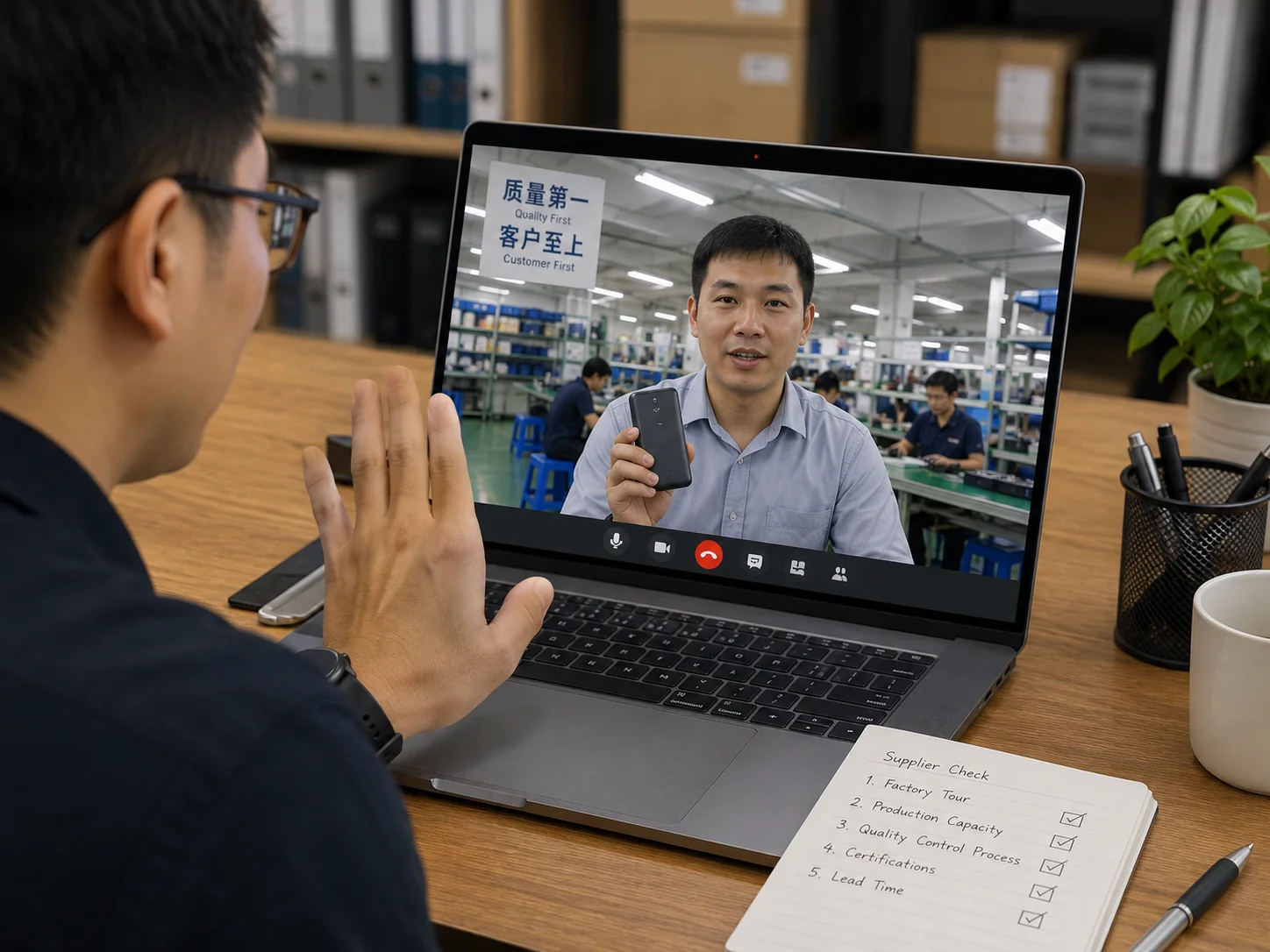 Verifying supplier reliability with a video call a person on a video call with a supplier in a factory setting