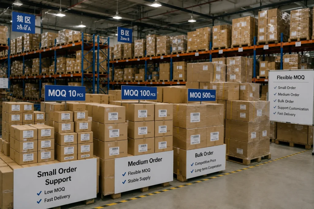 A warehouse filled with stacked cardboard boxes labeled for MOQ options of 10, 100, and 500 pieces, highlighting flexible order sizes and delivery services.