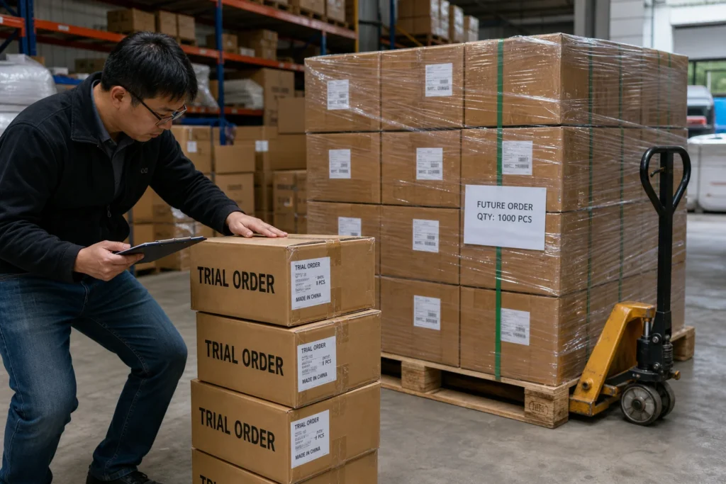 A worker with a clipboard inspecting stacked trial order boxes in a warehouse, with pallets of packaged goods labeled 'Future Order: Qty 1000 PCs' nearby.