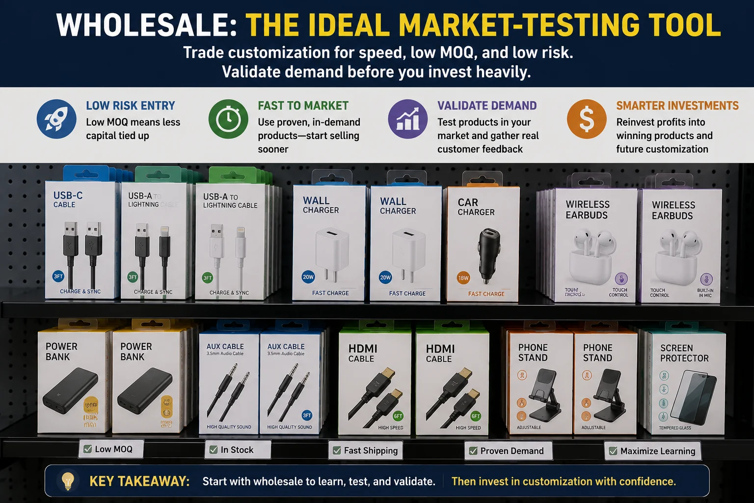 Wholesale electronics for market testing An assortment of consumer electronics in generic packaging on a shelf