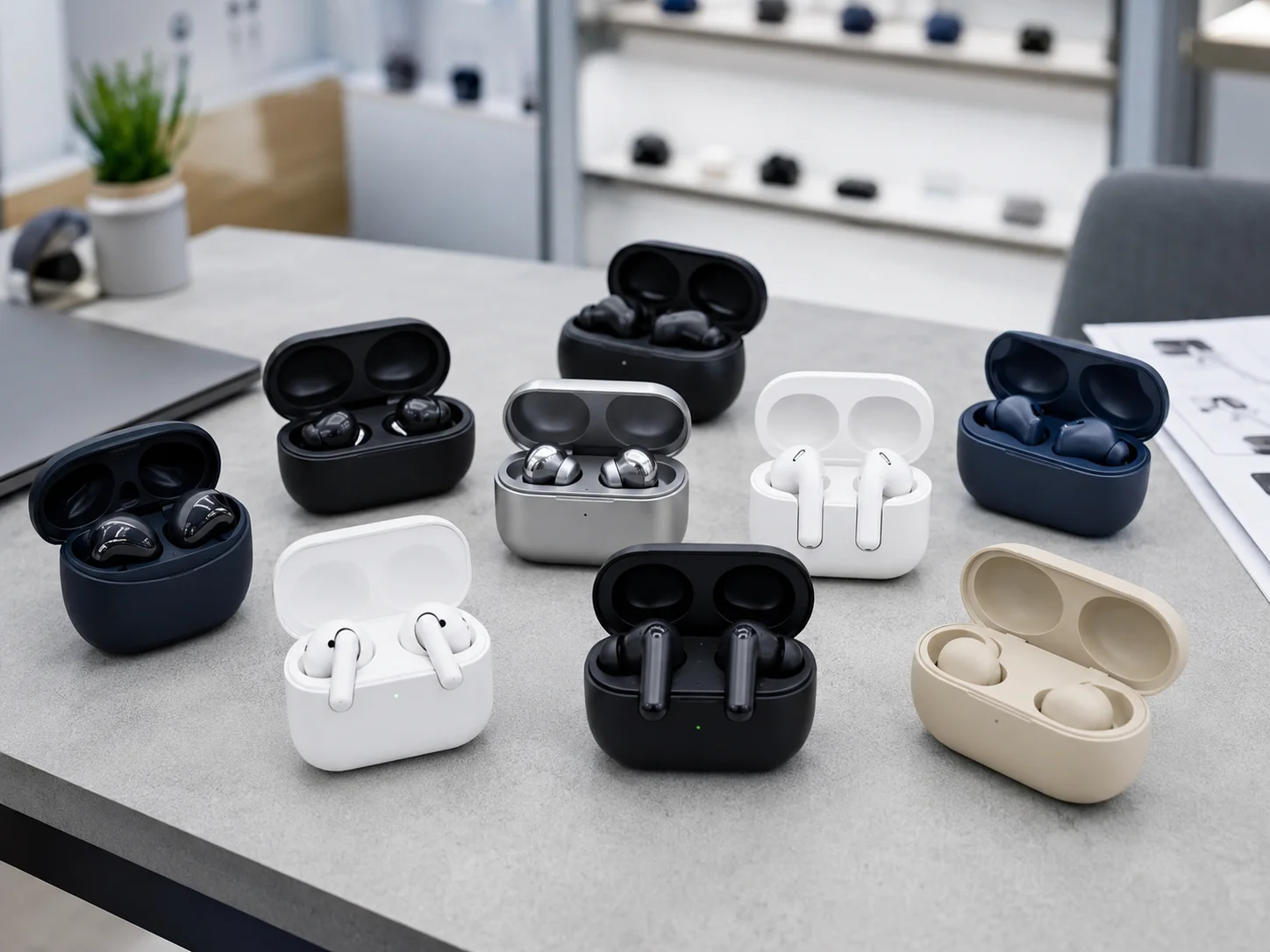 Comparing TWS Earbud Features A collection of different TWS earbuds showing various designs and colors