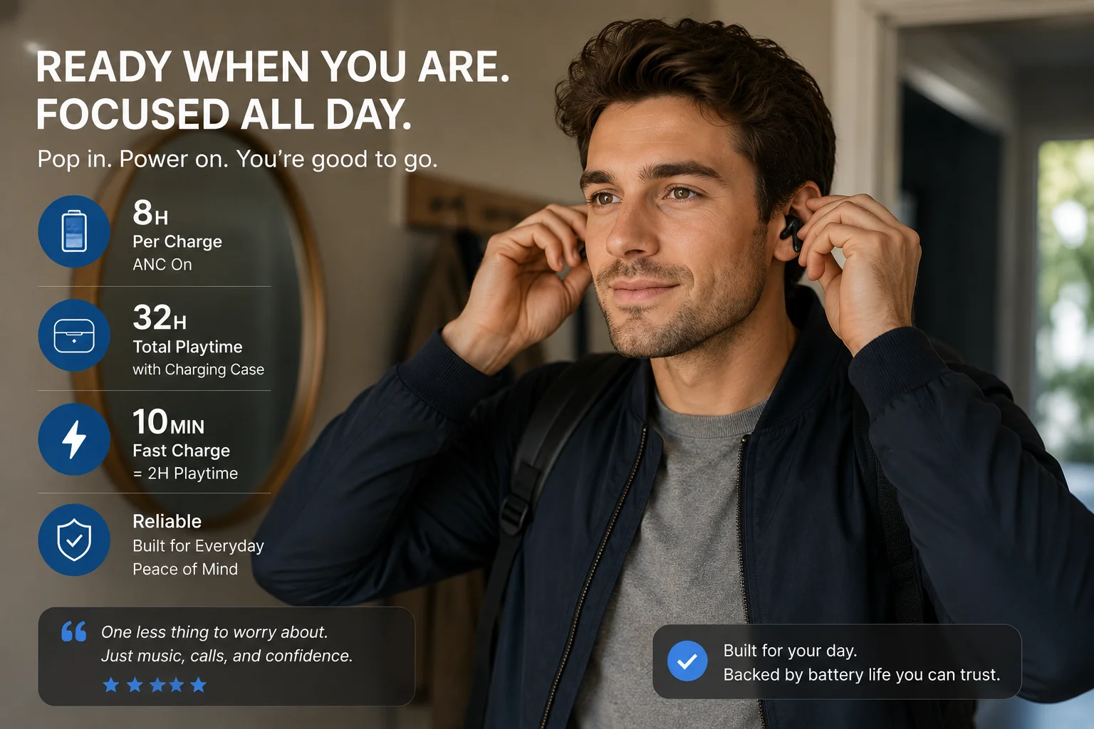 Building Trust with TWS Earbuds A person confidently putting in TWS earbuds to start their day