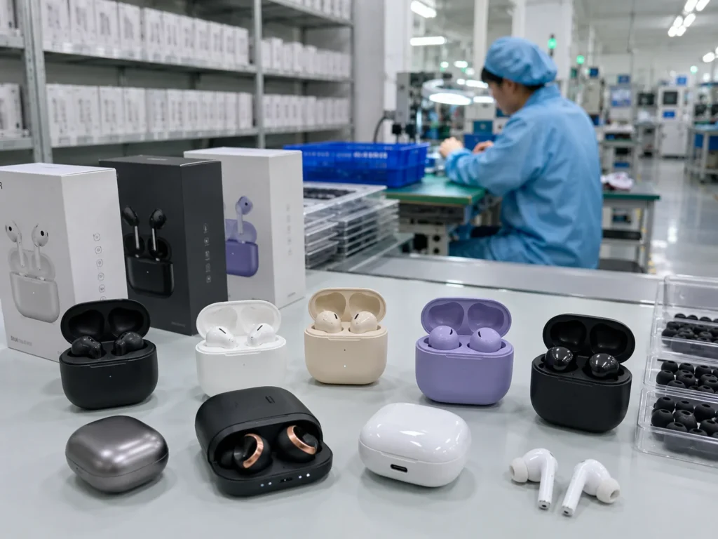 Various wireless earbuds in different colors displayed on a table with packaging boxes, while a worker in protective clothing assembles electronics in the background.