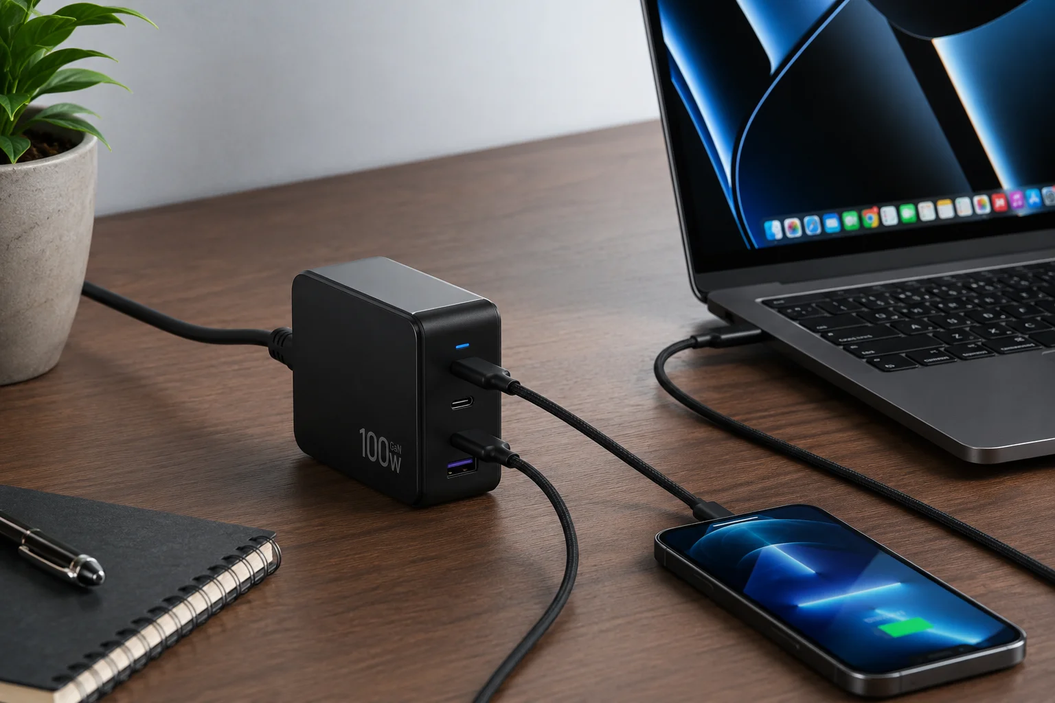 100W Multi-Port GaN Charger for Laptops A 100W multi-port GaN charger on a desk powering a laptop and a phone