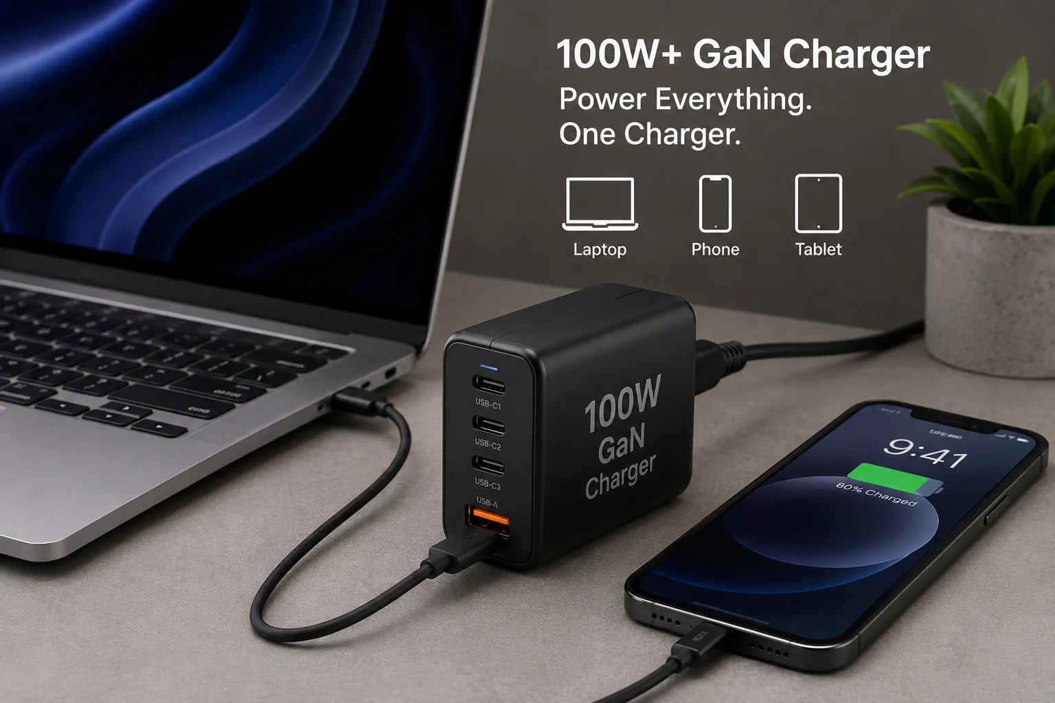 100W+ GaN Charger Versatility a 100W+ GaN charger next to a laptop and phone