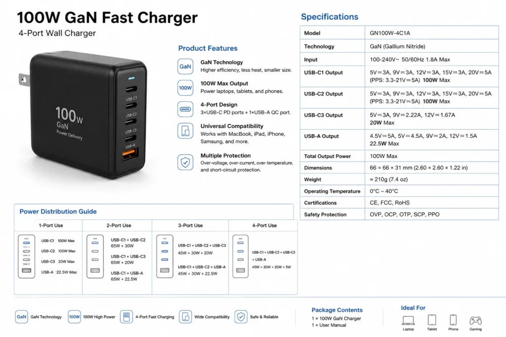 A 100W GaN fast charger featuring 4 ports (3 USB-C and 1 USB-A), universal compatibility, compact size, and safety protections, along with detailed specifications displayed.