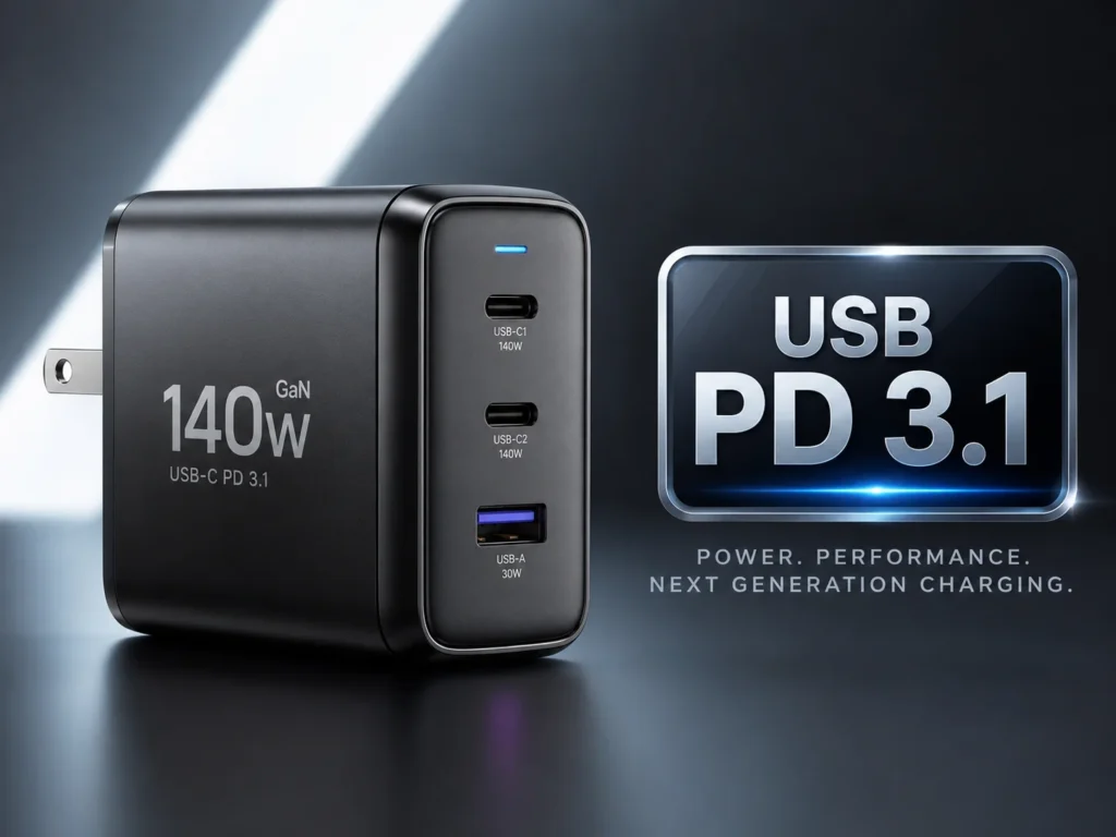High-performance 140W GaN USB PD 3.1 charger featuring two USB-C ports and one USB-A port, designed for next-generation fast charging.