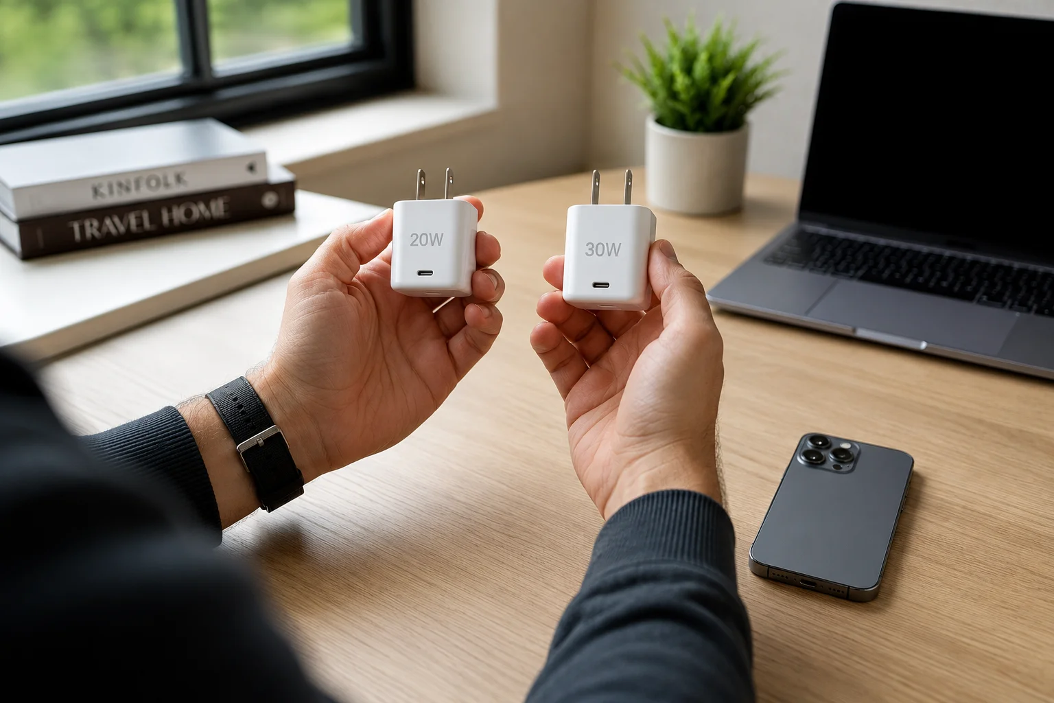 A person comparing a 20W charger with a 30W charger