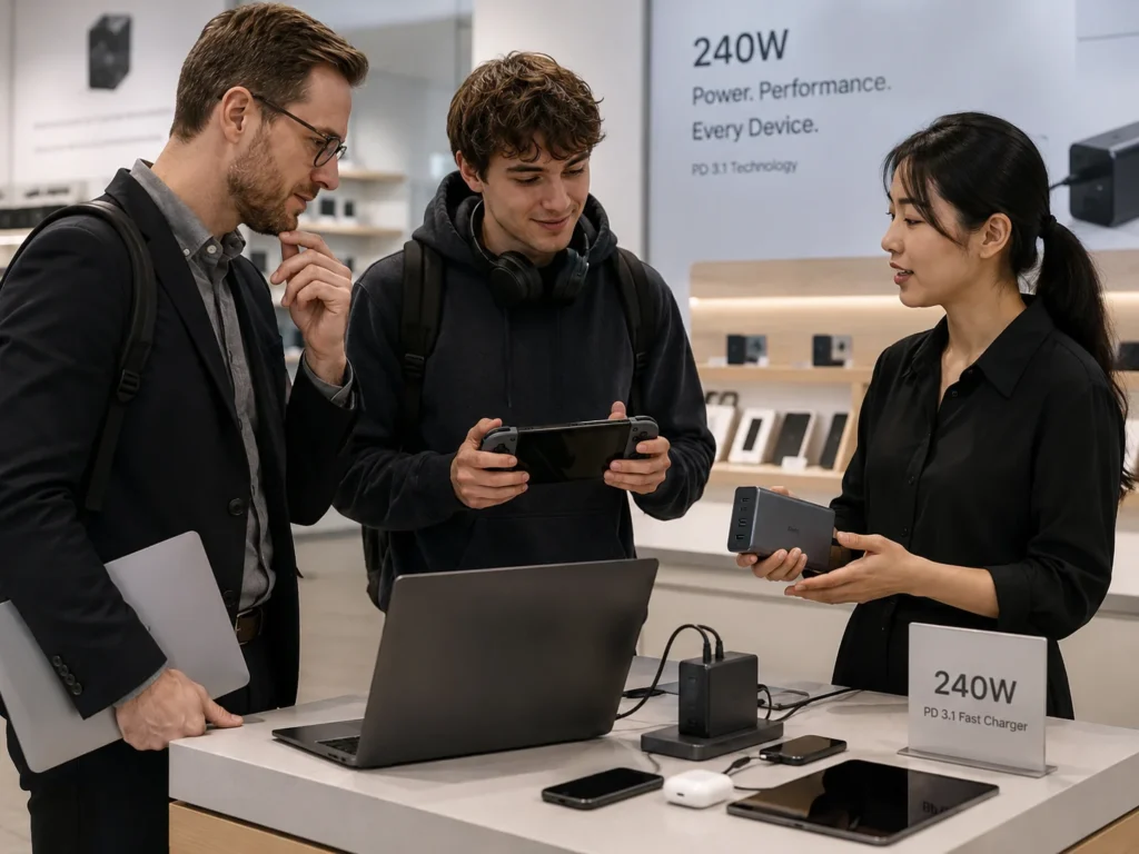 Three people discussing a 240W PD 3.1 fast charger at a tech store display with multiple electronic devices and accessories.