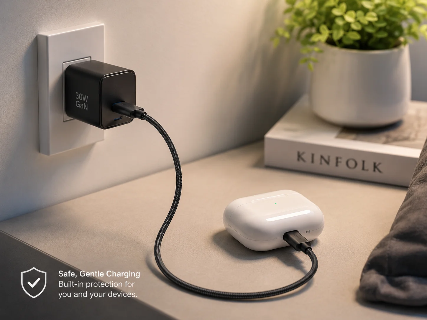 A 30W GaN charger safely charging a small device like wireless earbuds