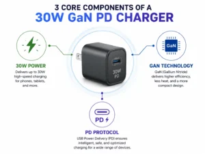 Infographic showing the 3 core components of a 30W GaN PD charger, highlighting 30W power, GaN technology, and PD protocol.