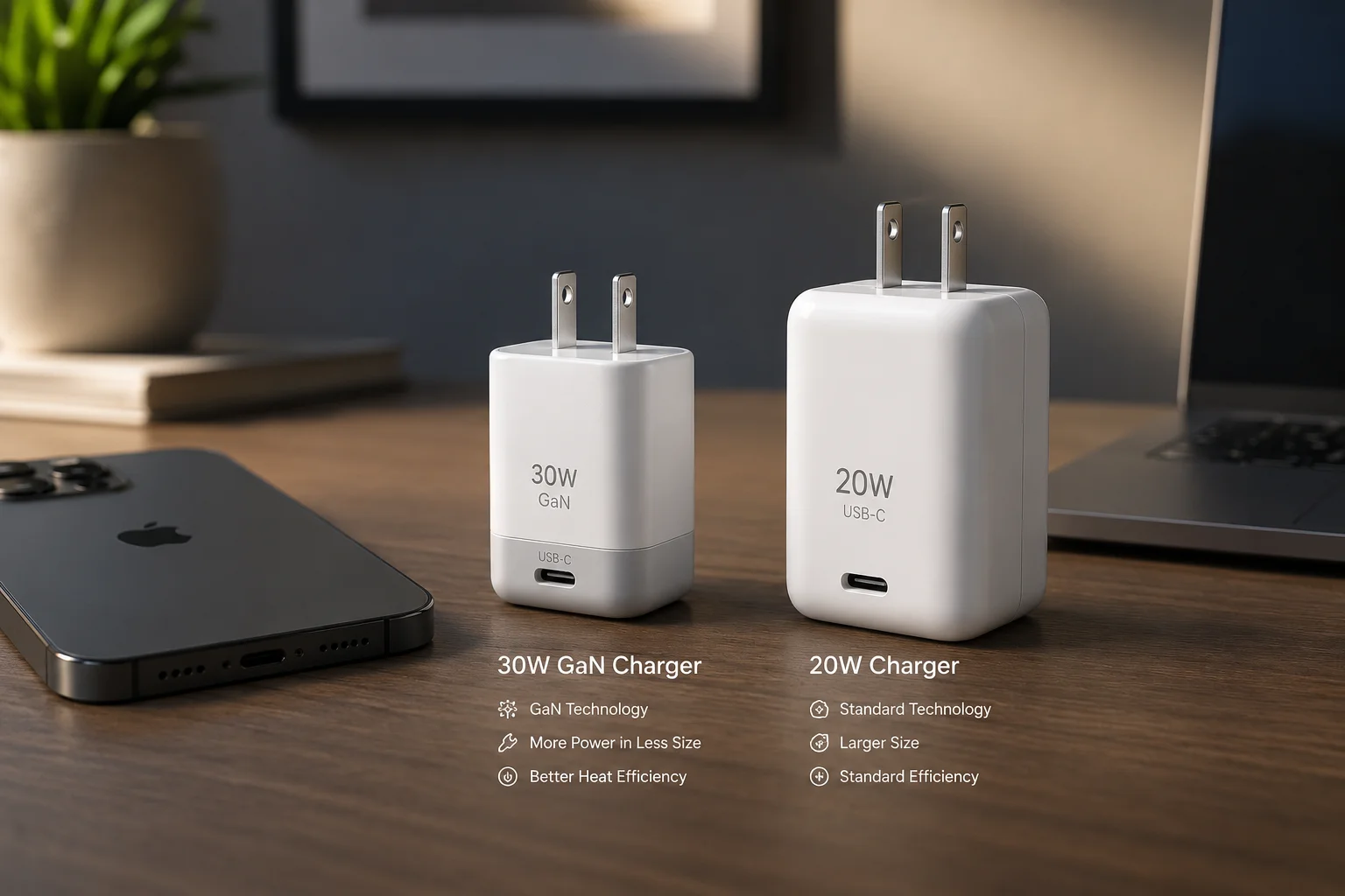 30W vs 20W Charger for iPhone a 30W GaN charger being compared to a 20W charger