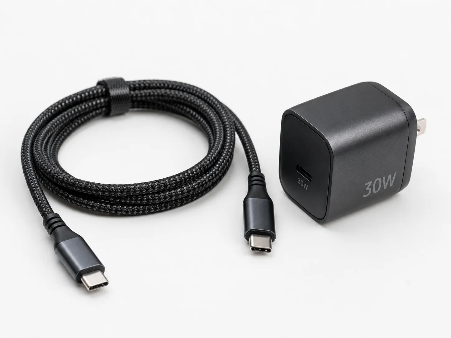 A high-quality USB-C to USB-C cable next to a 30W charger