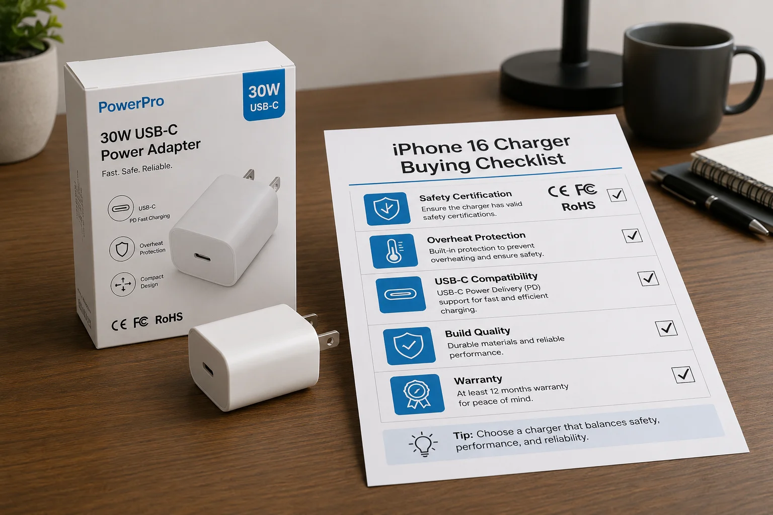 A checklist showing safety certifications on a charger box