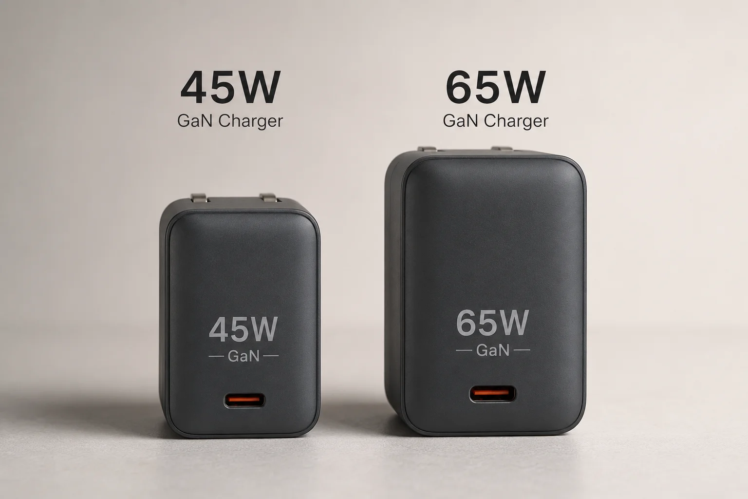 45W vs 65W GaN Charger A side-by-side comparison of a 45W and 65W GaN charger.