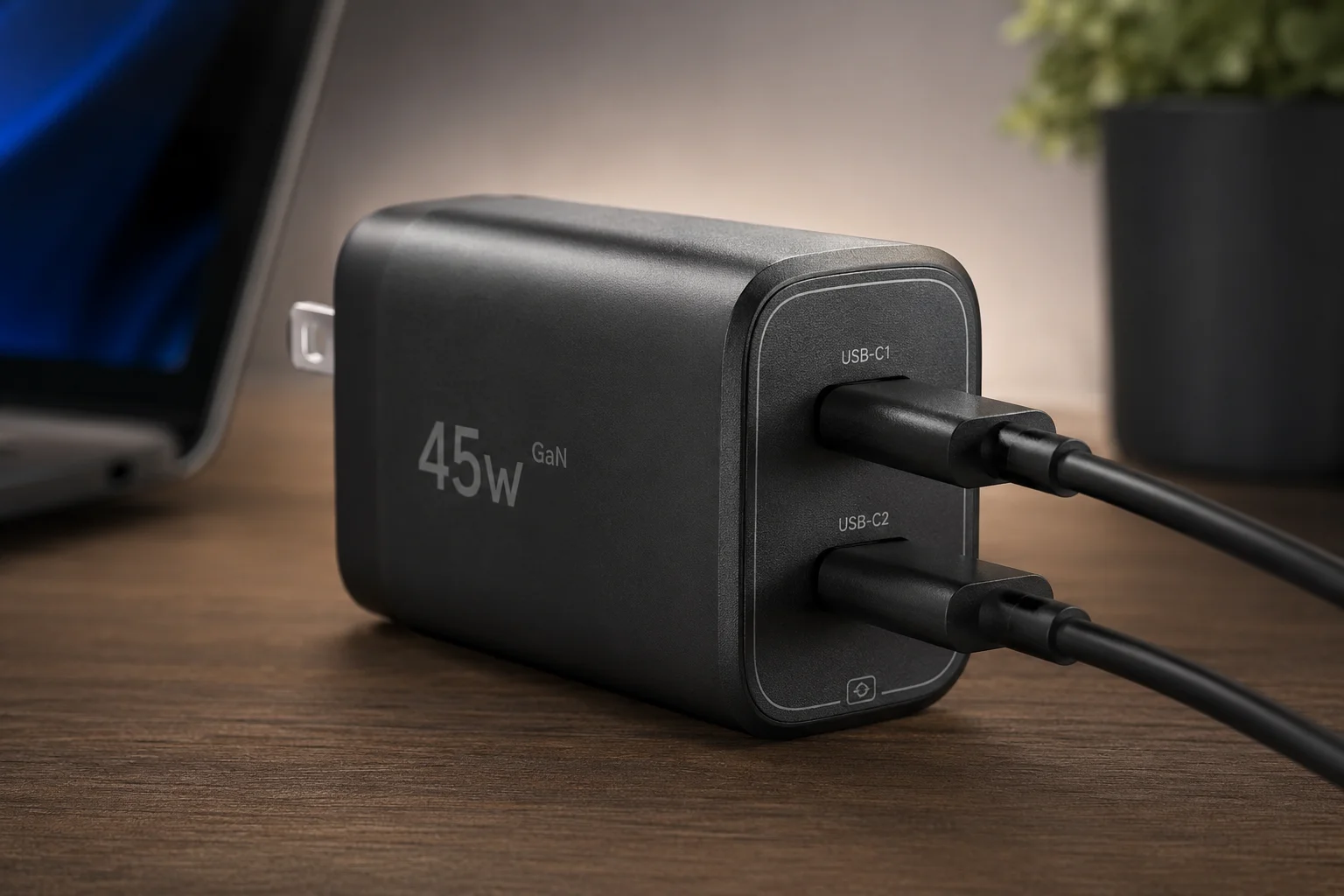 45W Dual-Port GaN Charger A 45W GaN charger with two USB-C cables plugged in.