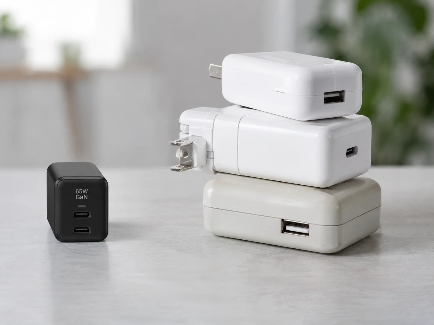 One Charger Replaces Many one GaN charger next to a pile of three different original chargers