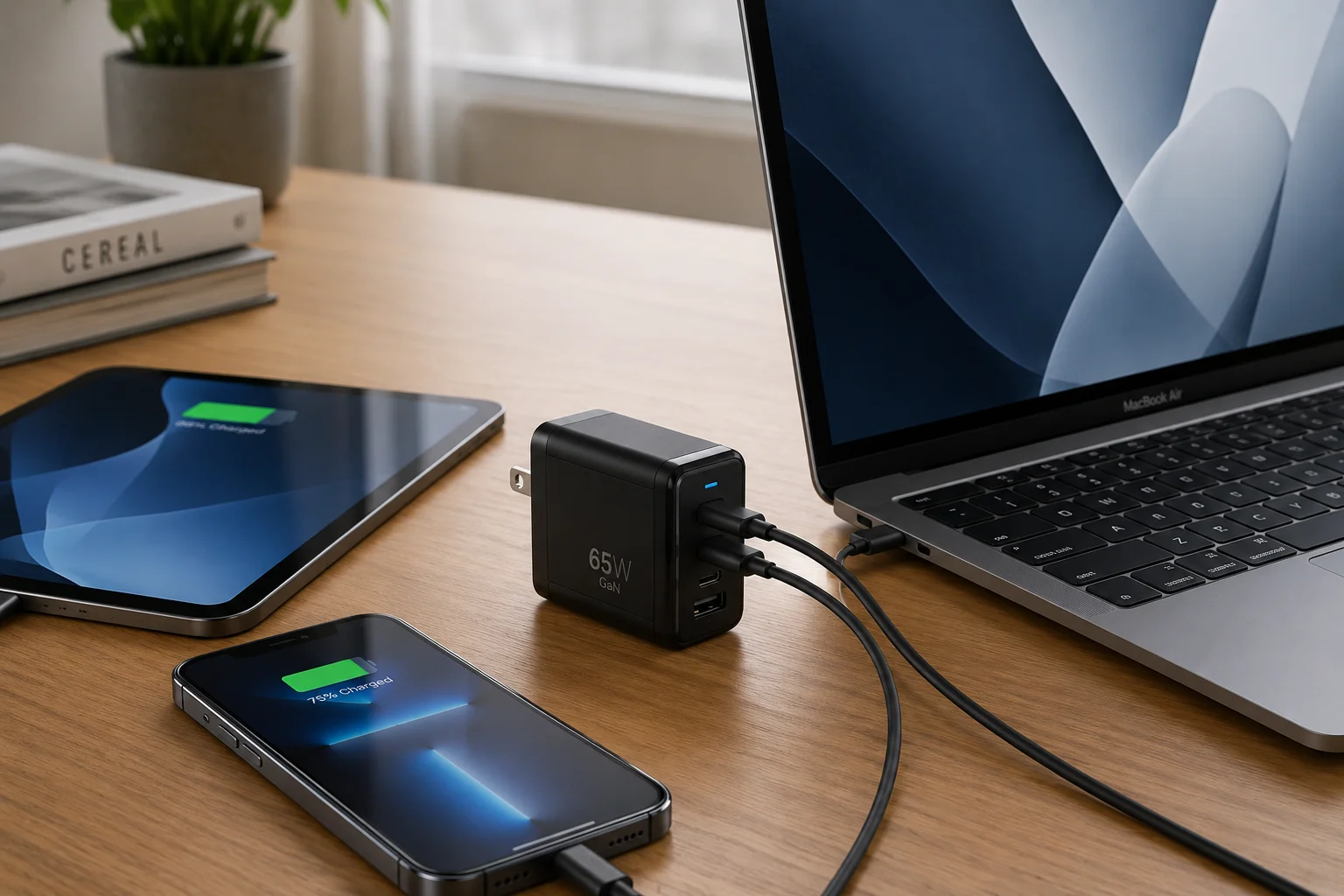 Versatile 65W GaN Charger A 65W GaN charger next to an iPhone, iPad, and MacBook Air.
