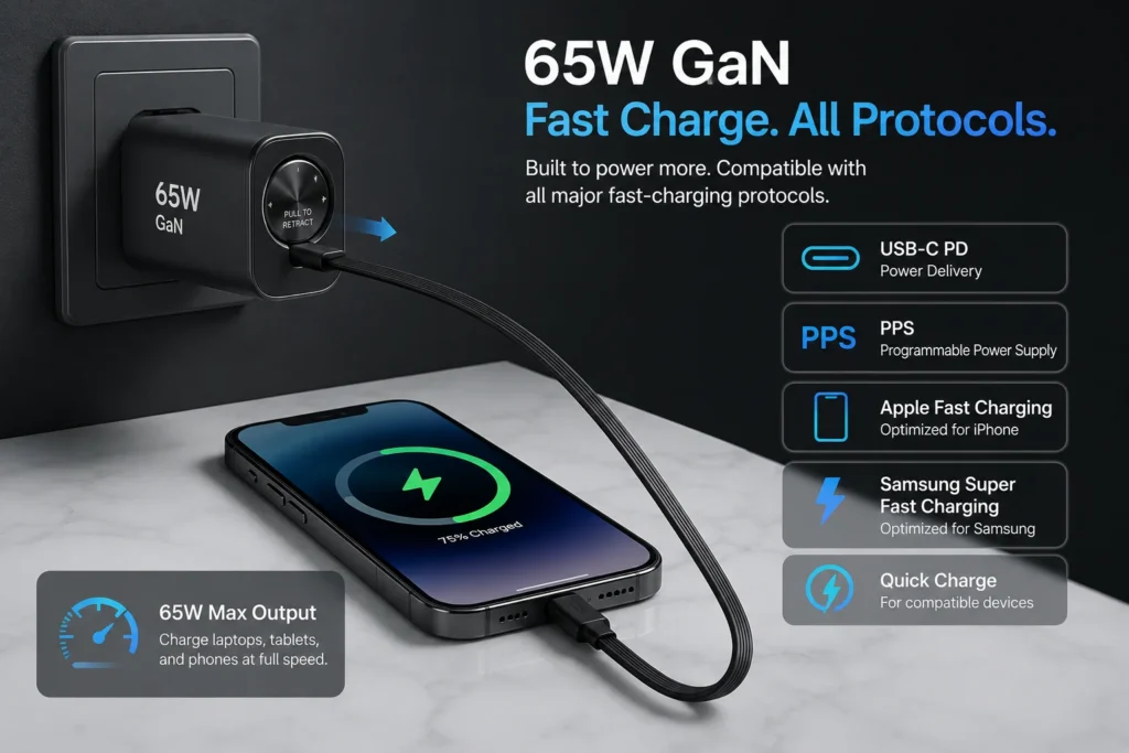65W GaN charger plugged into a wall outlet, charging a smartphone via USB-C cable on a marble surface. Features like fast charging protocols, USB-C PD, PPS, Apple Fast Charging, and Samsung Super Fast Charging are displayed.