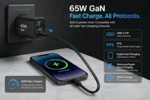 65W GaN charger plugged into a wall outlet, charging a smartphone via USB-C cable on a marble surface. Features like fast charging protocols, USB-C PD, PPS, Apple Fast Charging, and Samsung Super Fast Charging are displayed.
