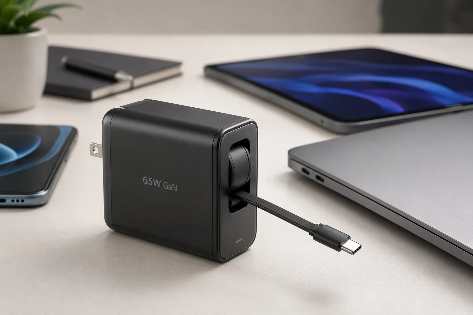 65W GaN charger with retractable cable 65W GaN charger with retractable cable