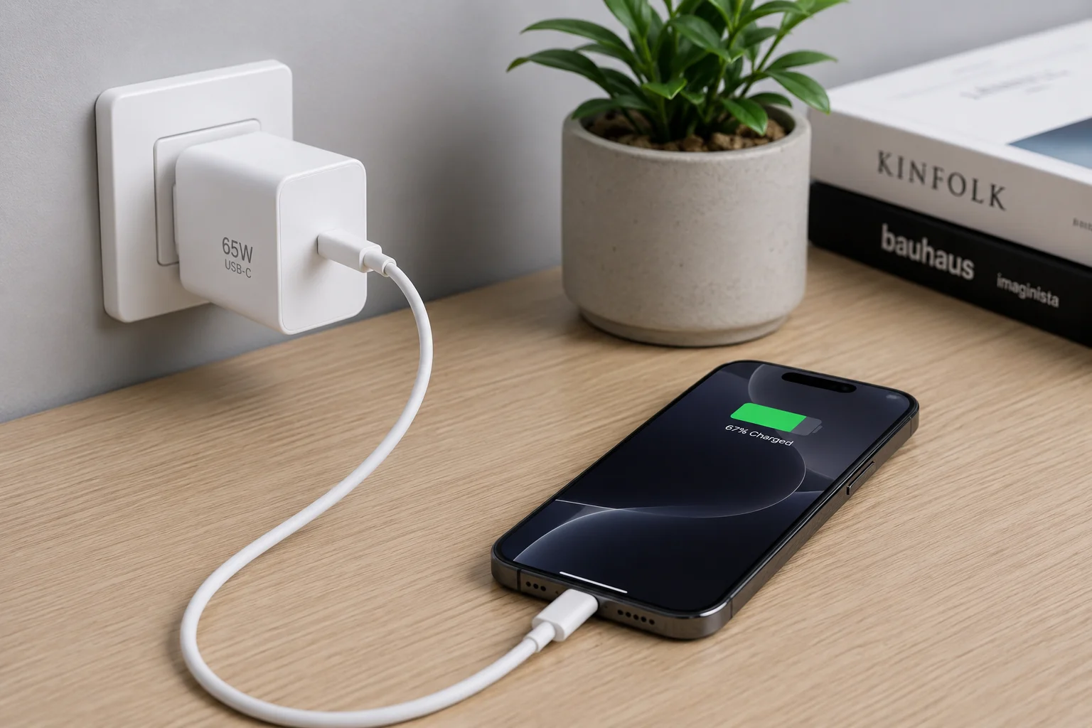 Using a 65W Charger with iPhone 16 a 65W laptop charger plugged into an iPhone 16