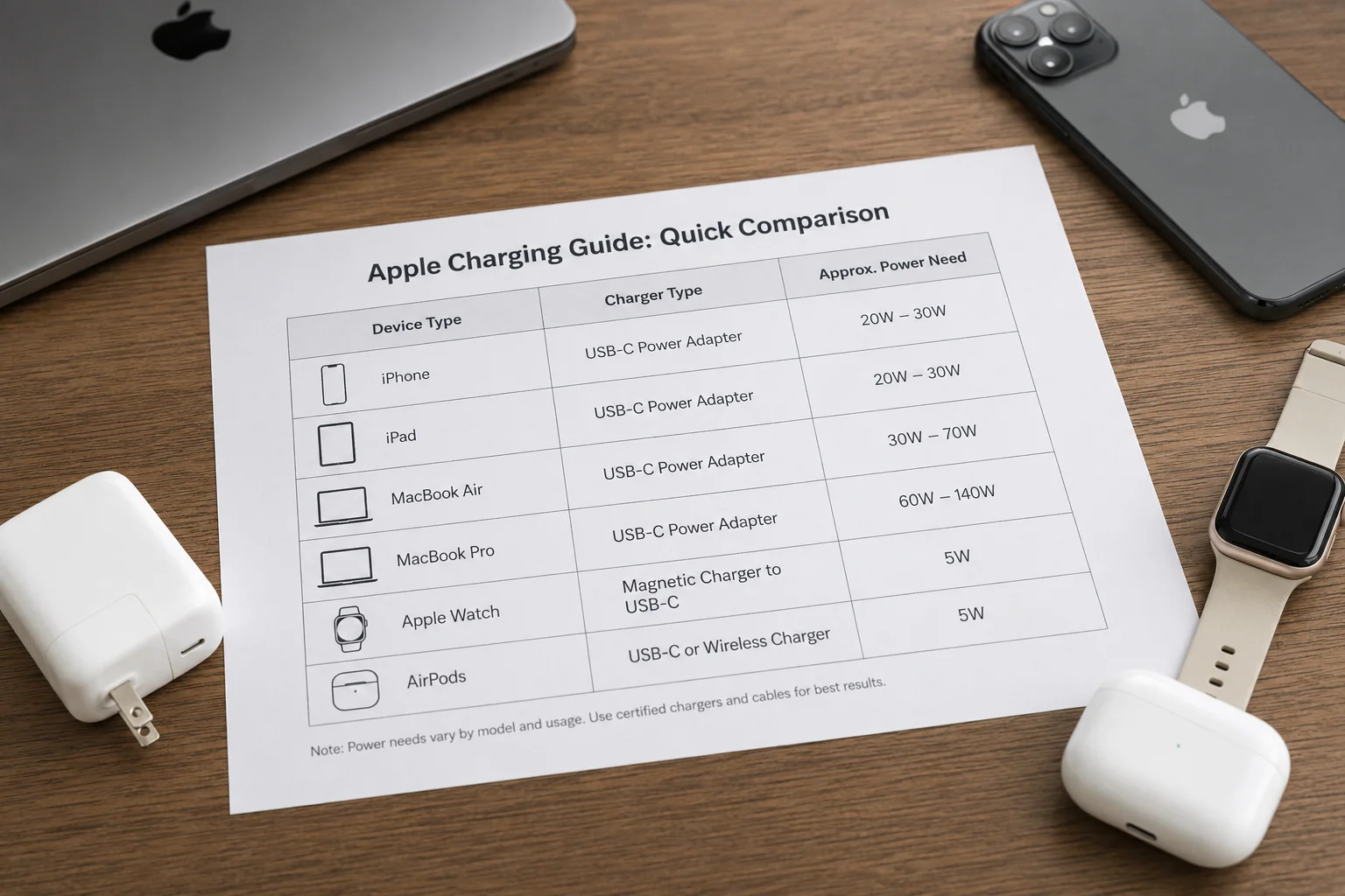 Apple Charging Differences Chart A table or chart showing the different Apple devices and their corresponding charger types and wattages