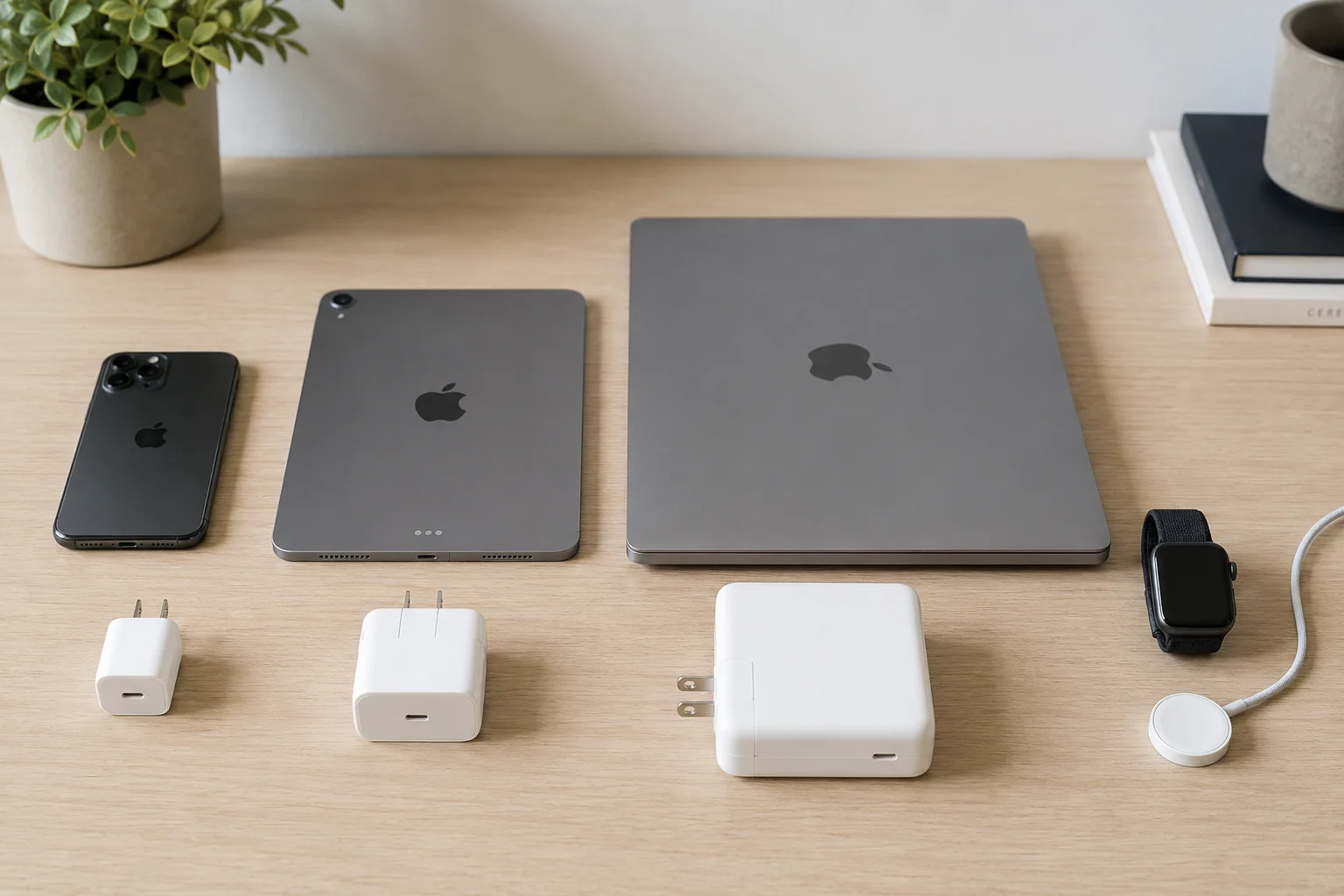Apple Device Power Requirements Different Apple devices next to their corresponding power adapters showing wattage