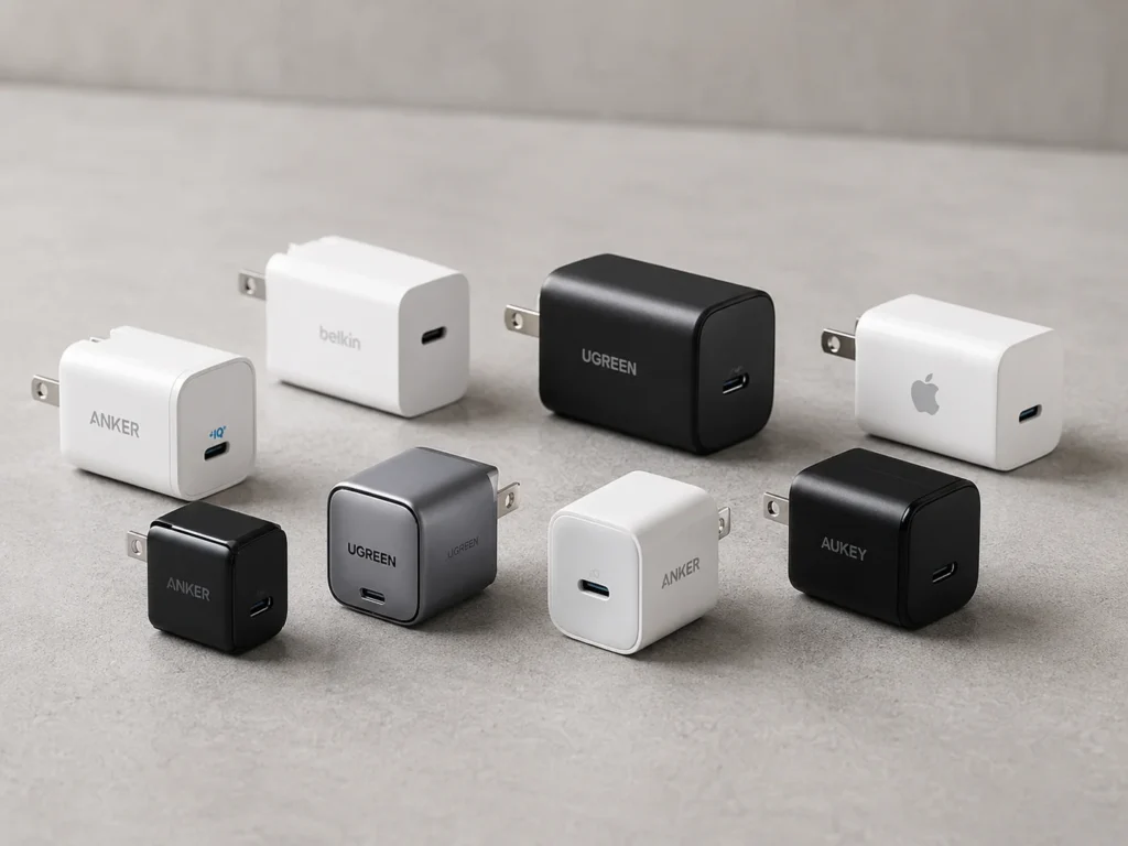 Collection of USB-C fast chargers from various brands including black and white models, arranged neatly on a gray table.