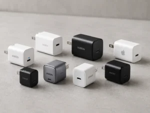 Collection of USB-C fast chargers from various brands including black and white models, arranged neatly on a gray table.