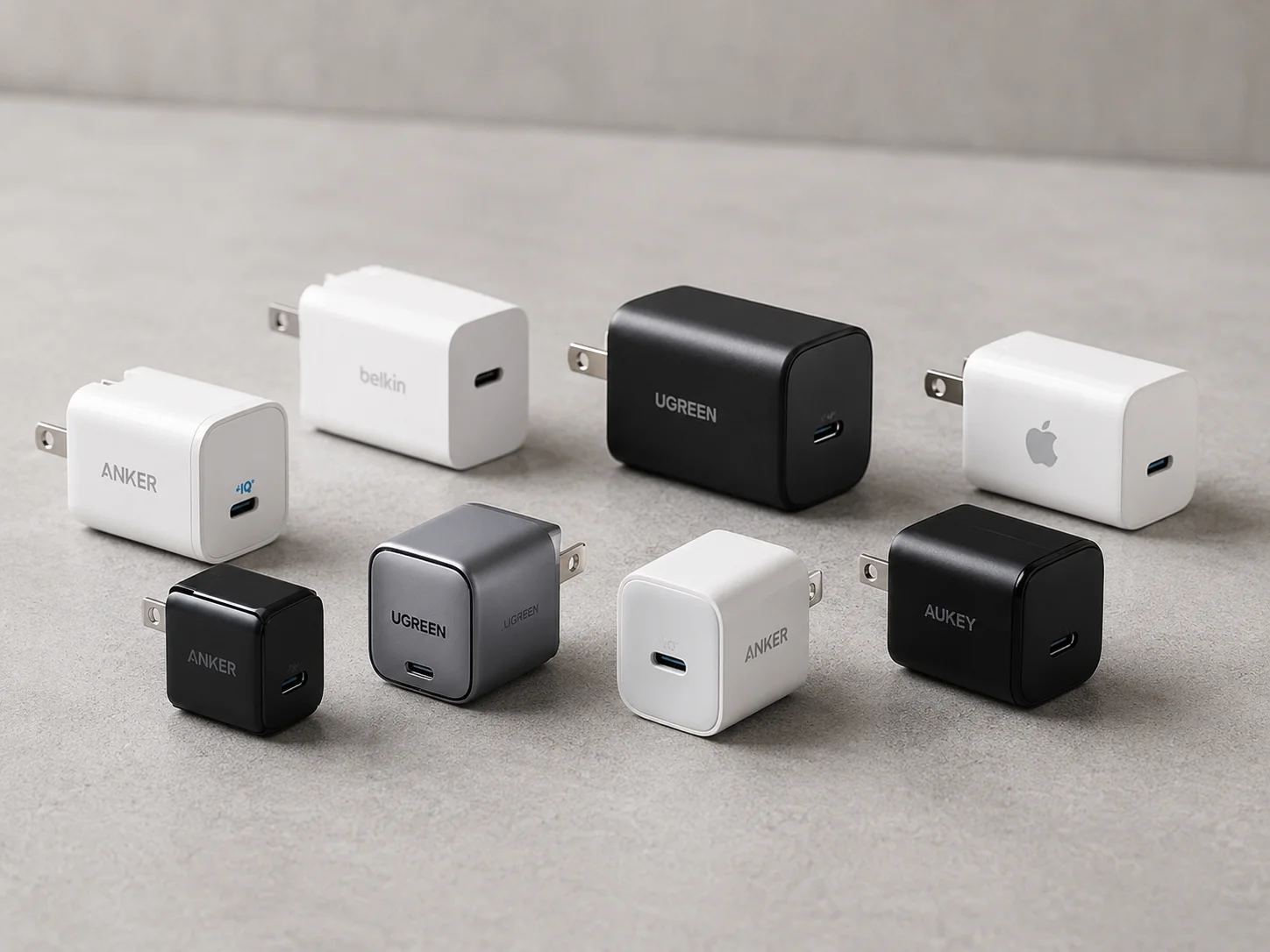 A collection of modern USB-C chargers for iPhone