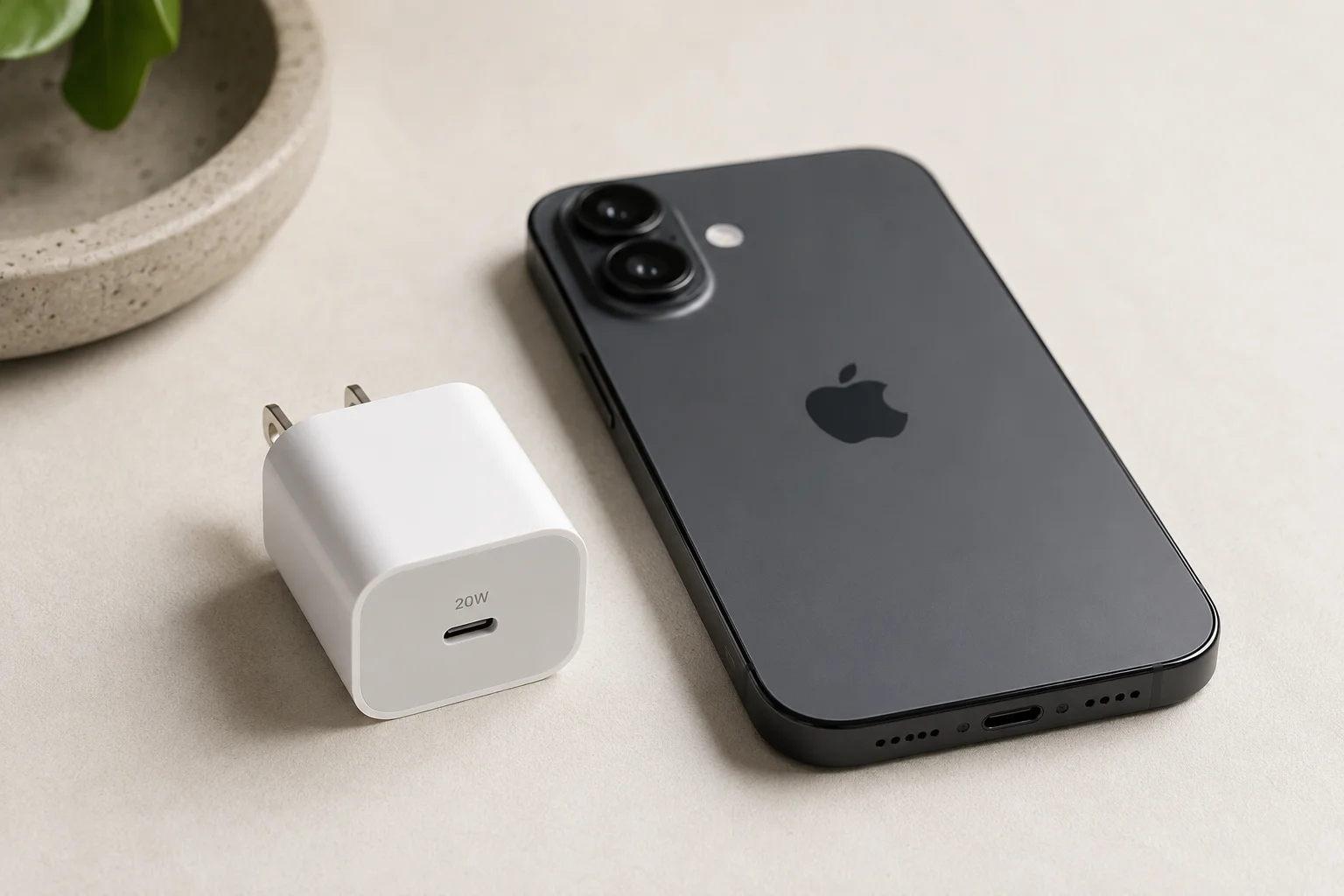 20W USB-C Charger for iPhone 16 a compact 20W USB-C charger next to an iPhone 16