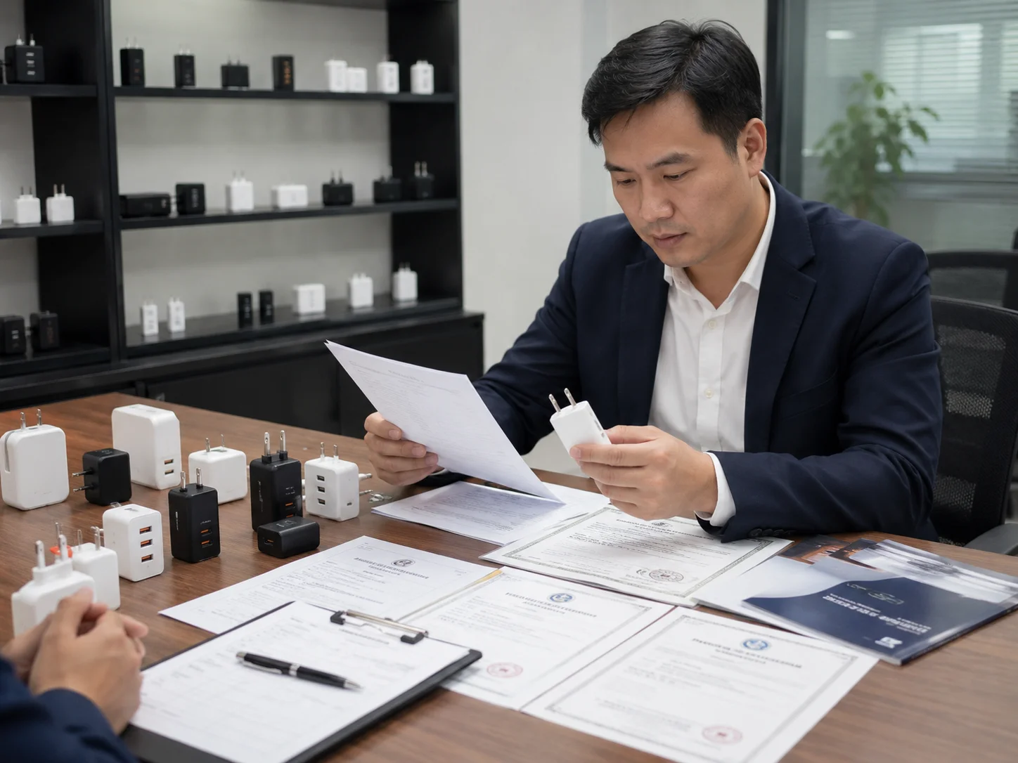 An importer examining certification documents and product samples from a supplier
