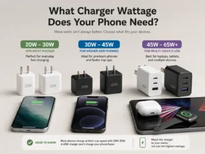 A guide showing 20W, 30W, 45W, and 65W chargers with recommended usage for phones, laptops, and multiple devices.