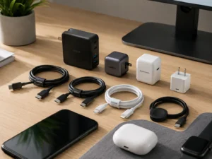 Various charging accessories including power adapters, USB-C cables, and wireless chargers arranged on a wooden desk with a phone, AirPods, and smartwatch nearby.
