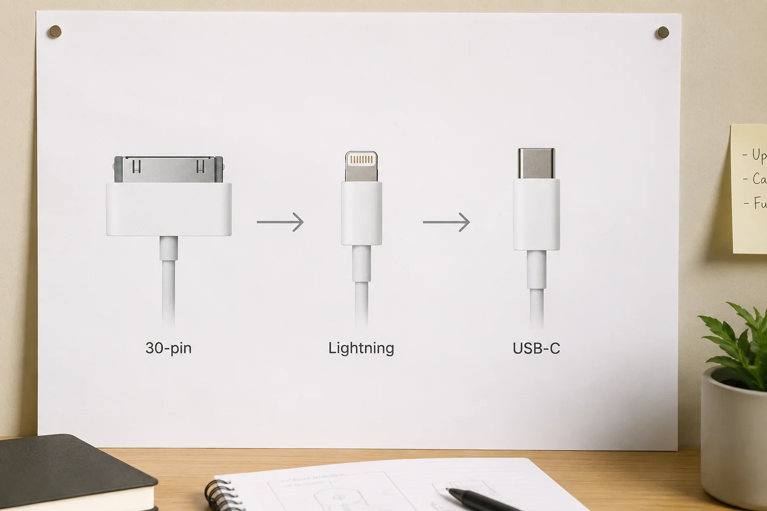 Evolution of Apple Connectors A diagram showing the evolution from 30-pin to Lightning to USB-C