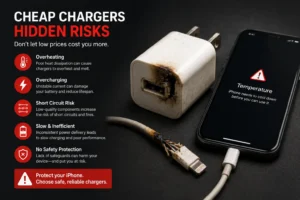 A burnt phone charger and damaged lightning cable next to a smartphone showing a temperature warning, highlighting risks of overheating and poor quality chargers.