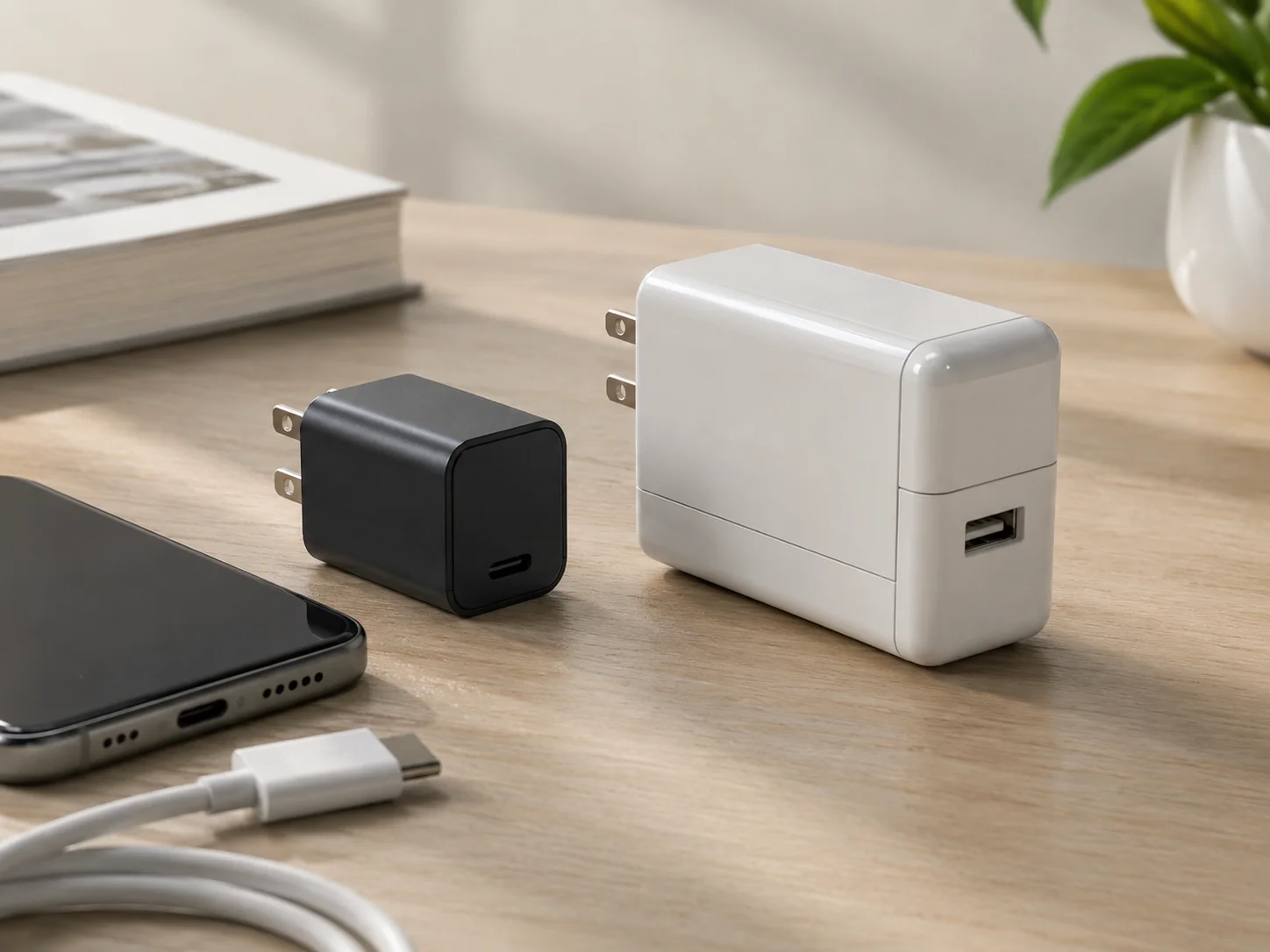 GaN vs Silicon Charger Size A small GaN charger next to a larger old silicon charger