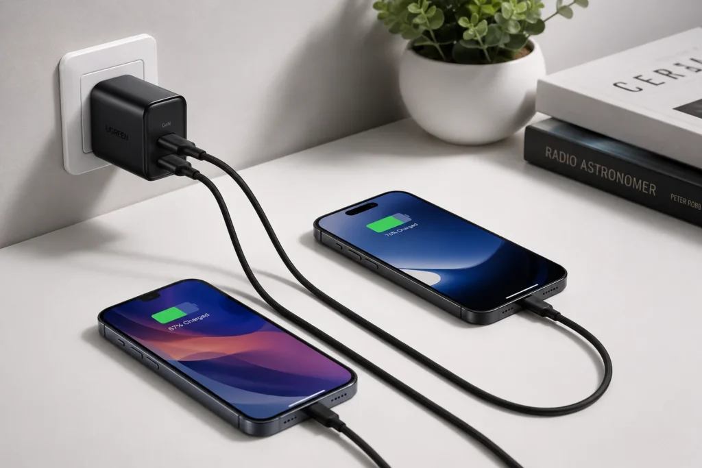 Two smartphones charging simultaneously with a black GaN USB wall adapter and braided charging cables, placed on a desk near books and a plant.