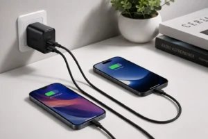 Two smartphones charging simultaneously with a black GaN USB wall adapter and braided charging cables, placed on a desk near books and a plant.
