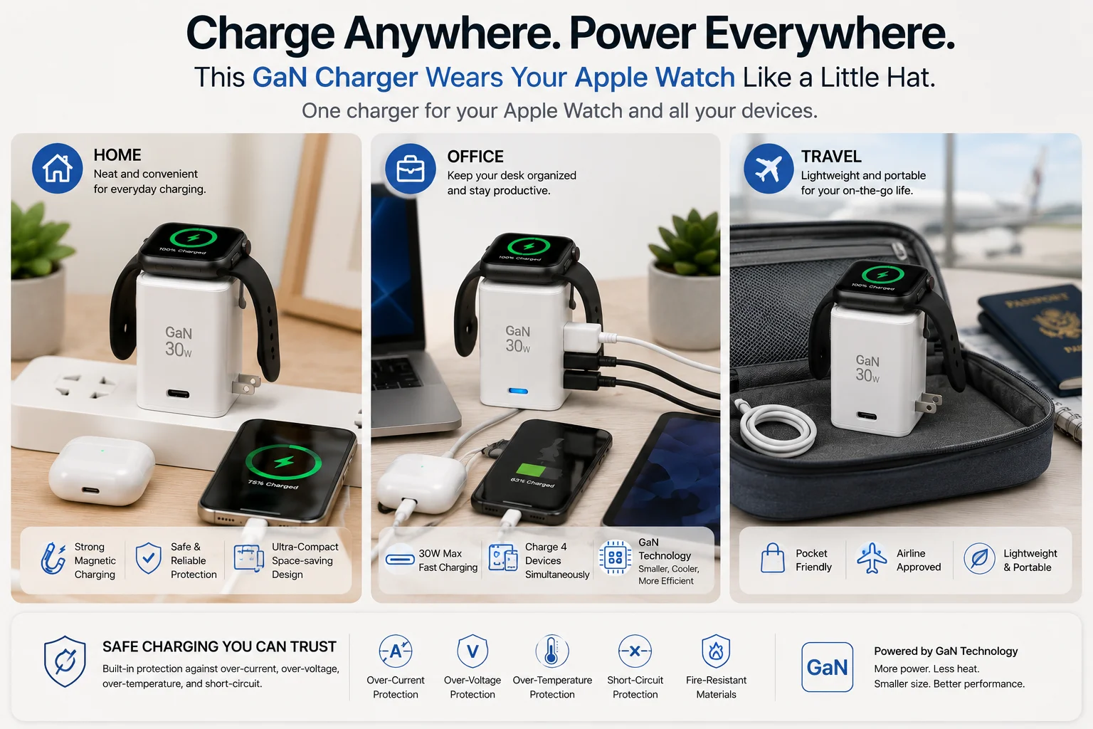Apple Watch charging at home office and travel with GaN charger