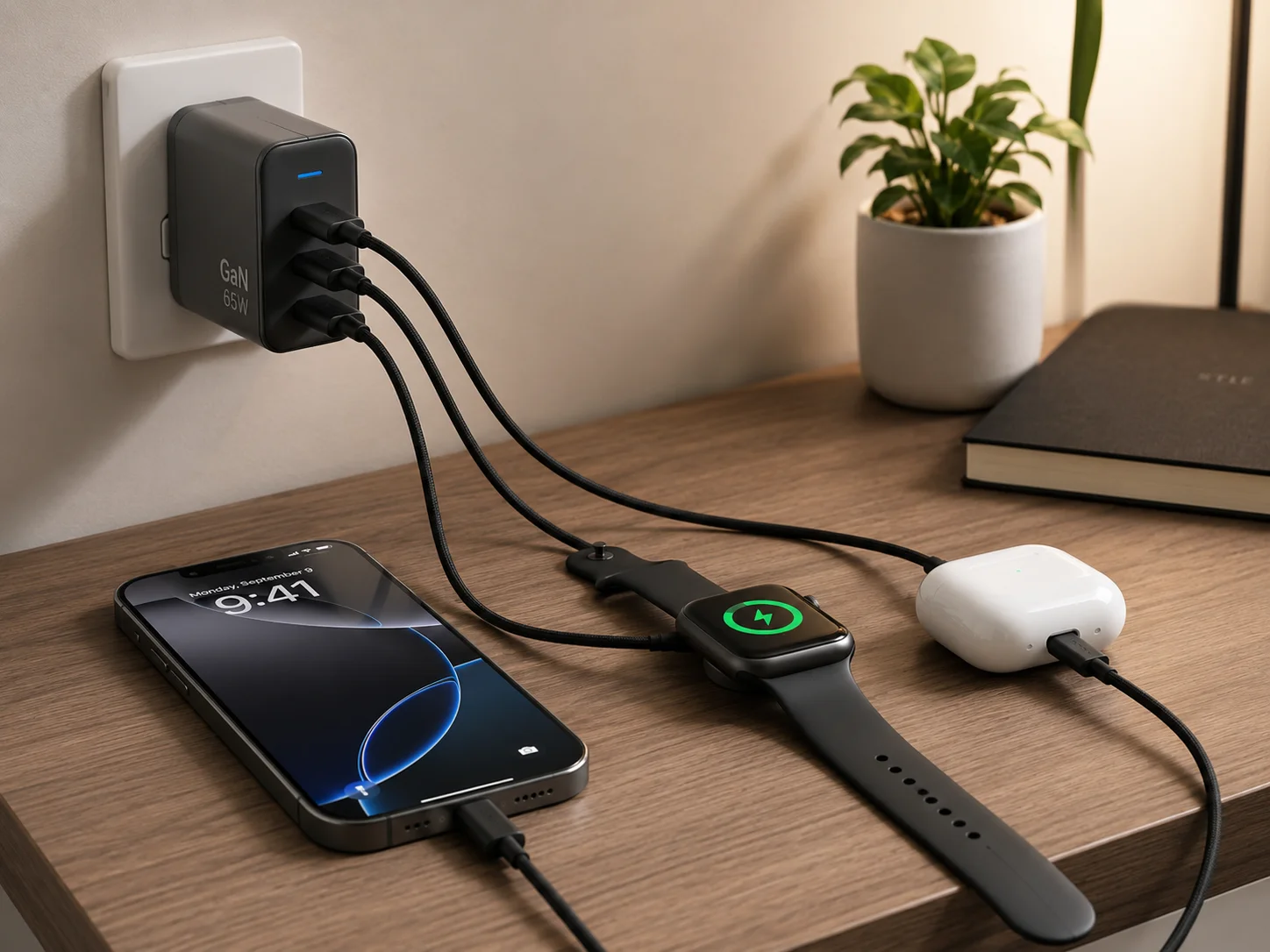 GaN Charger for Apple Ecosystem A GaN charger powering an iPhone 16, Apple Watch, and AirPods simultaneously