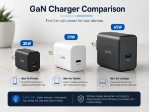 Comparison of three GaN chargers with power ratings of 20W, 30W, and 65W, highlighting ideal uses for phones, tablets, and laptops.