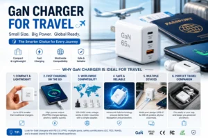 Promotional image of a GaN 65W charger showcased as compact and lightweight with multiple ports and global compatibility, highlighted with a travel theme including a passport and accessories.