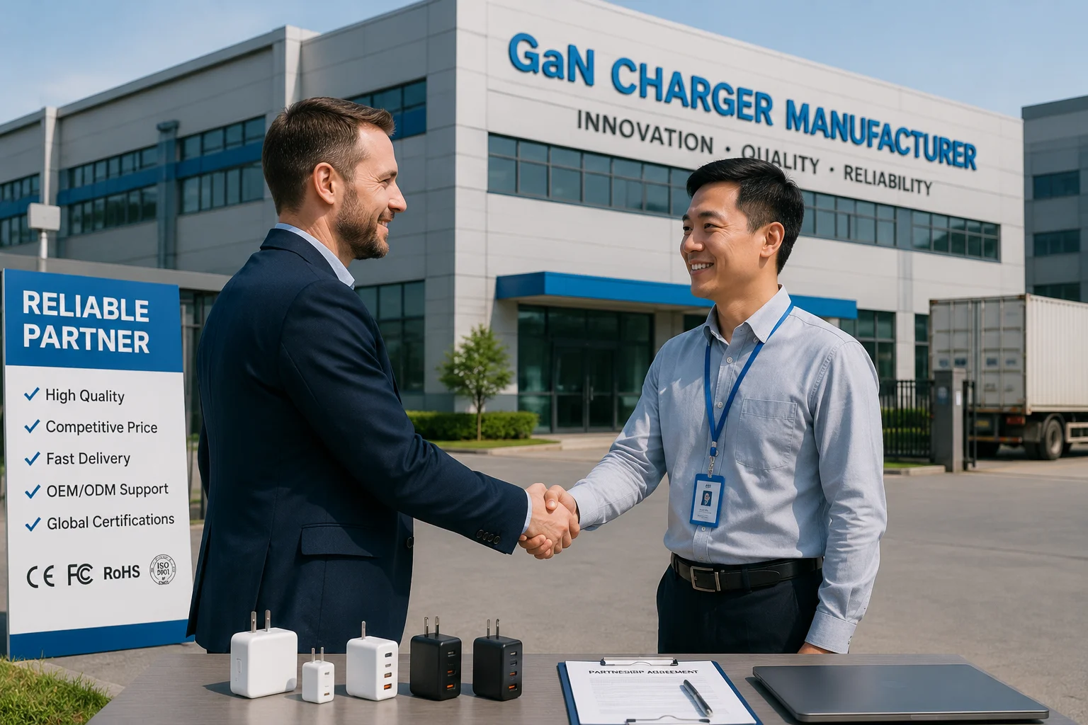 Choosing a Reliable GaN Charger Supplier A handshake between a buyer and a supplier in front of a factory