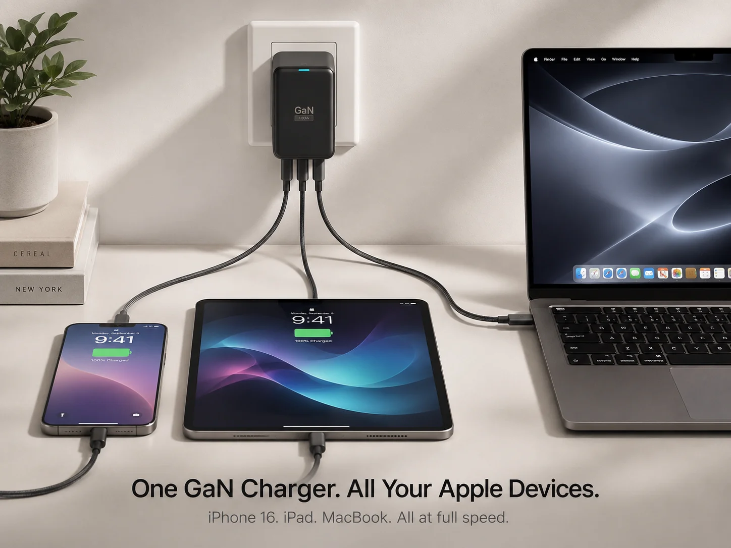 One GaN Charger for All Apple Devices A single GaN charger with cables going to an iPhone, iPad, and MacBook